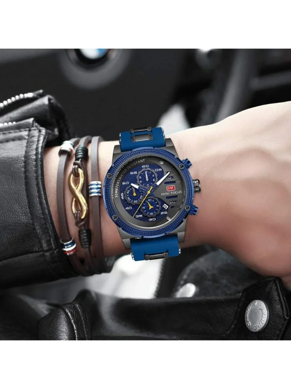 Men's Black Blue Chronograph Waterproof Sport Military Analog Quartz Wristwatch
